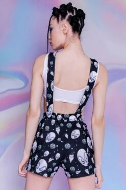 Black Alien Heads Shortalls -Unique Clothing black alien shortalls back view
