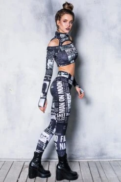 Black Newspaper Leggings Set -Unique Clothing black newspaper leggings matching set