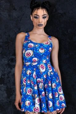 Blue Eyes Cream Skater Dress -Unique Clothing blue eyes cream skater dress close view