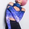Blue Galaxy Cold Shoulder Crop Top -Unique Clothing blue galaxy cold shoulder crop top