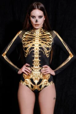 Golden Skeleton Long Sleeve Bodysuit -Unique Clothing bodysuit gold skeleton long sleeved