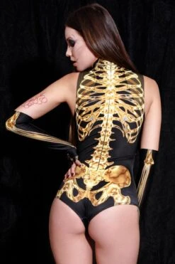 Golden Skeleton Sleeveless Bodysuit -Unique Clothing bodysuit gold sleeveless bodysuit fingerless gloves