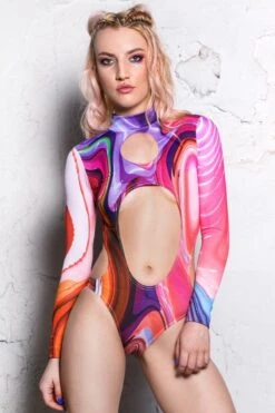 Pink Wave Long Sleeve Bodysuit -Unique Clothing bodysuit pink wave long sleeve