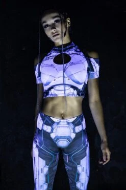 Cyber Soldier Cold Shoulder Crop Top -Unique Clothing cyber soldier cold shoulder crop top close view