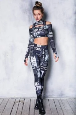 Black Newspaper Leggings -Unique Clothing devil black newspaper leggings