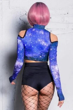Blue Galaxy Cold Shoulder Crop Top -Unique Clothing devil blue galaxy cold shoulder crop top