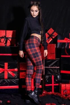Red & Black Plaid Leggings -Unique Clothing devil red black tartan leggings