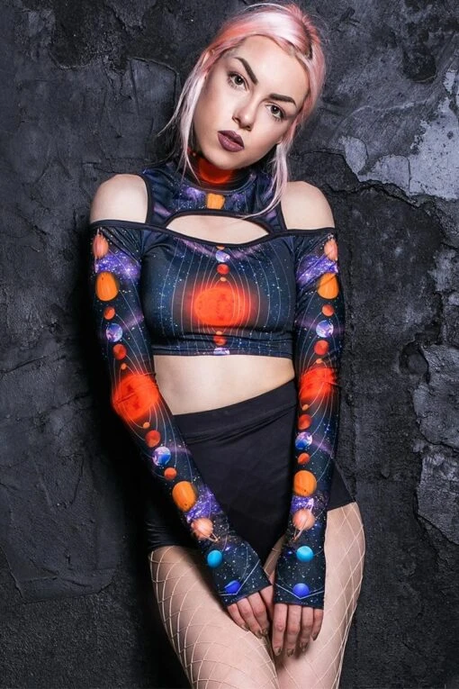 Space Invader Cold Shoulder Crop Top