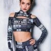Black Newspaper Cold Shoulder Crop Top 1 Black Newspaper Cold Shoulder Crop Top -Unique Clothing devil walking black newspaper cut out cold shoulder crop top