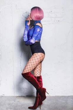 Blue Galaxy Cold Shoulder Crop Top -Unique Clothing devil walking blue galaxy cold shoulder crop top