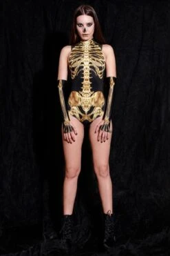 Golden Skeleton Sleeveless Bodysuit -Unique Clothing devil walking gold sleeveless skeleton bodysuit