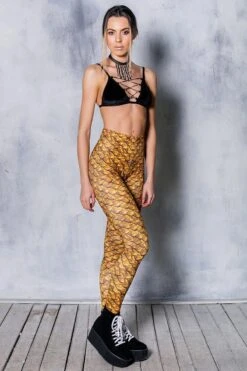 Golden Dragon Scale Leggings -Unique Clothing devil walking golden dragon scale leggings
