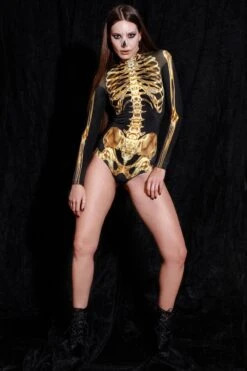 Golden Skeleton Long Sleeve Bodysuit -Unique Clothing devil walking long sleeved bodysuit