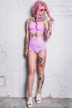 Pink Cream High Waisted Shorts -Unique Clothing devil walking pink cream high waisted shorts