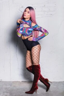 Psychedelic Cold Shoulder Crop Top 8 Psychedelic Cold Shoulder Crop Top -Unique Clothing devil walking psychedelic cold shoulder crop top