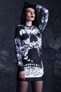 Skull With Butterflies Hoodie Dress -Unique Clothing devil walking skull with butterflies