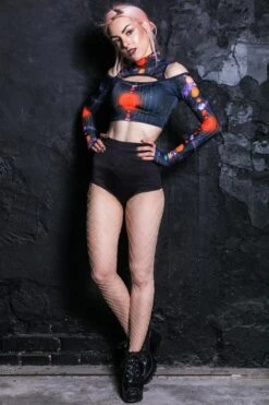 Space Invader Cold Shoulder Crop Top -Unique Clothing devil walking space invader cold shoulder crop top