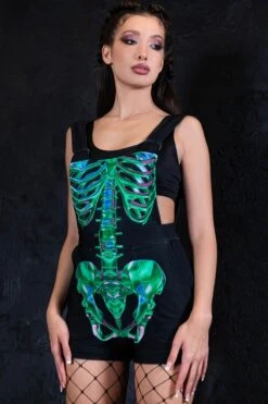 Emerald Skeleton Shortalls -Unique Clothing emerald skeleton shortalls close view