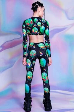 Green Alien Heads Leggings -Unique Clothing green alien heads leggings back view