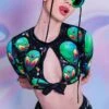 Green Alien Heads Tie Front Crop Top 2 Green Alien Heads Tie Front Crop Top -Unique Clothing green alien heads tie front crop top close view