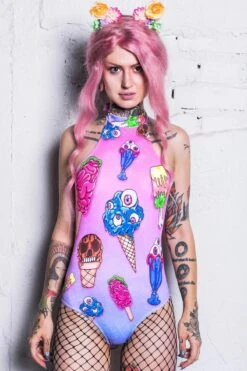 Horror Ice Cream Halter Neck Bodysuit -Unique Clothing horror ice cream bodysuit