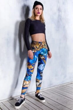Blue And Gold Foil Leggings 9 Blue And Gold Foil Leggings -Unique Clothing leggings blue and gold foil