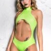 Neon Green Cut Out Bodysuit With Tie Up Back -Unique Clothing neon green cut out bodysuit