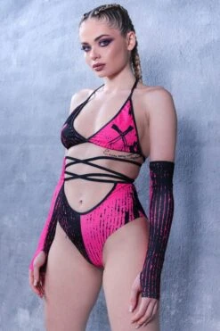 Pink & Black Gemini Strappy Shorts Set -Unique Clothing pink and black gemini rave matching set side view