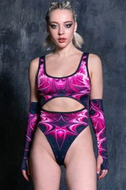 Pink Blaze Cut Out Thong Bodysuit -Unique Clothing pink blazing cut out thong bodysuit front view