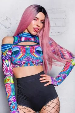 Psychedelic Cold Shoulder Crop Top 9 Psychedelic Cold Shoulder Crop Top -Unique Clothing psychedelic cold shoulder crop top
