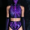 Purple Skeleton Booty Shorts Set -Unique Clothing purple skeleton costume set close view