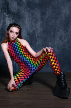 Rainbow Checkered Catsuit -Unique Clothing rainbow checkered catsuit