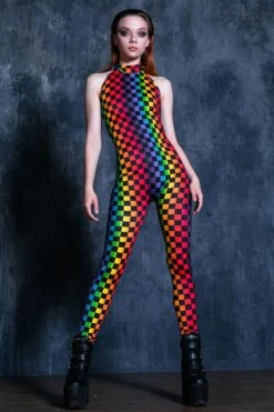 Rainbow Checkered Catsuit -Unique Clothing rainbow checkered catsuit front view