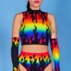 Rainbow Flames Half Zip Crop Top -Unique Clothing rainbow flames half zip crop top close view
