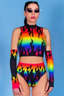 Rainbow Flames Half Zip Crop Top