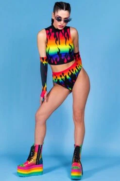 Rainbow Flames Half Zip Crop Top -Unique Clothing rainbow flames half zip crop top front view