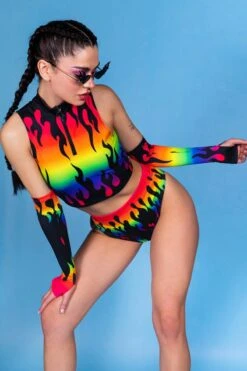 Rainbow Flames Half Zip Crop Top -Unique Clothing rainbow flames half zip crop top side view