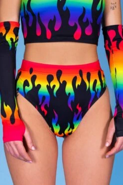 Rainbow Flames Thong Shorts -Unique Clothing rainbow flames thong shorts close view