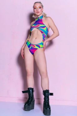 Rainbow Liquid Cut Out Bodysuit 9 Rainbow Liquid Cut Out Bodysuit -Unique Clothing rainbow liquid cut out bodysuit full view
