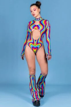Rainbow Meltdown Cut Out Bodysuit -Unique Clothing rainbow meltdown cut out bodysuit front view