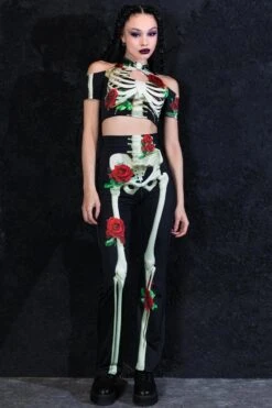Skeleton & Roses Flare Pants Set -Unique Clothing skeleton and roses bell bottoms set front view