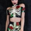 Skeleton & Roses Cold Shoulder Crop Top -Unique Clothing skeleton and roses crop top close view