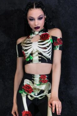 Skeleton & Roses Cold Shoulder Crop Top