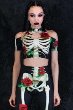 Skeleton & Roses Cold Shoulder Crop Top -Unique Clothing skeleton and roses crop top front view