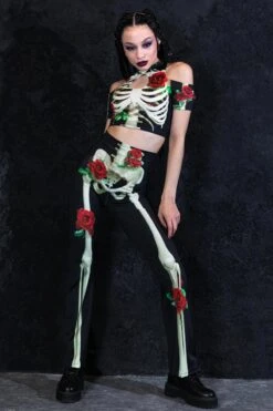 Skeleton & Roses Cold Shoulder Crop Top -Unique Clothing skeleton and roses crop top full view