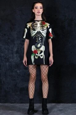 Skeleton & Roses Oversized Tee Shirt Dress -Unique Clothing skeleton and roses oversized tee dress full view