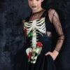 Skeleton & Roses Pinafore Dress 1 Skeleton & Roses Pinafore Dress -Unique Clothing skeleton and roses pinafore dress close view